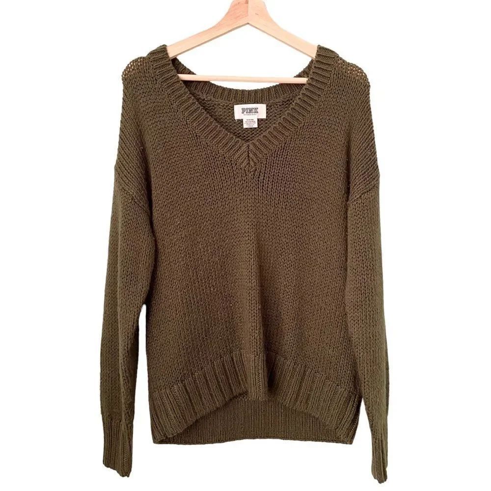 PINK Victoria's Secret  V-neck Green Knit Sweater Pullover in Size Medium